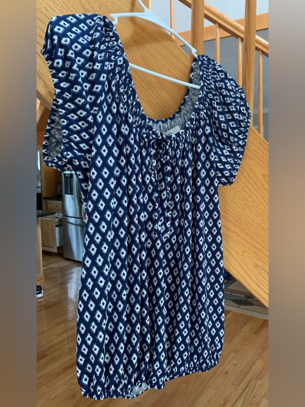 Max Studio Navy and White Diamond-Print Peasant Tunic